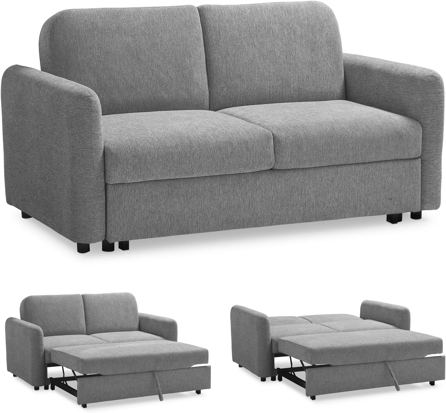 EVERGREENWEB Divano Letto 2 Posti Matrimoniale L165xP90xA80 cm Morbido Tessuto Grigio, Schienale Reclinabile a Doppio Cuscino, Sofà con Chaise Longue Estraibile, Struttura Rinforzata Pieghevole, NELLY