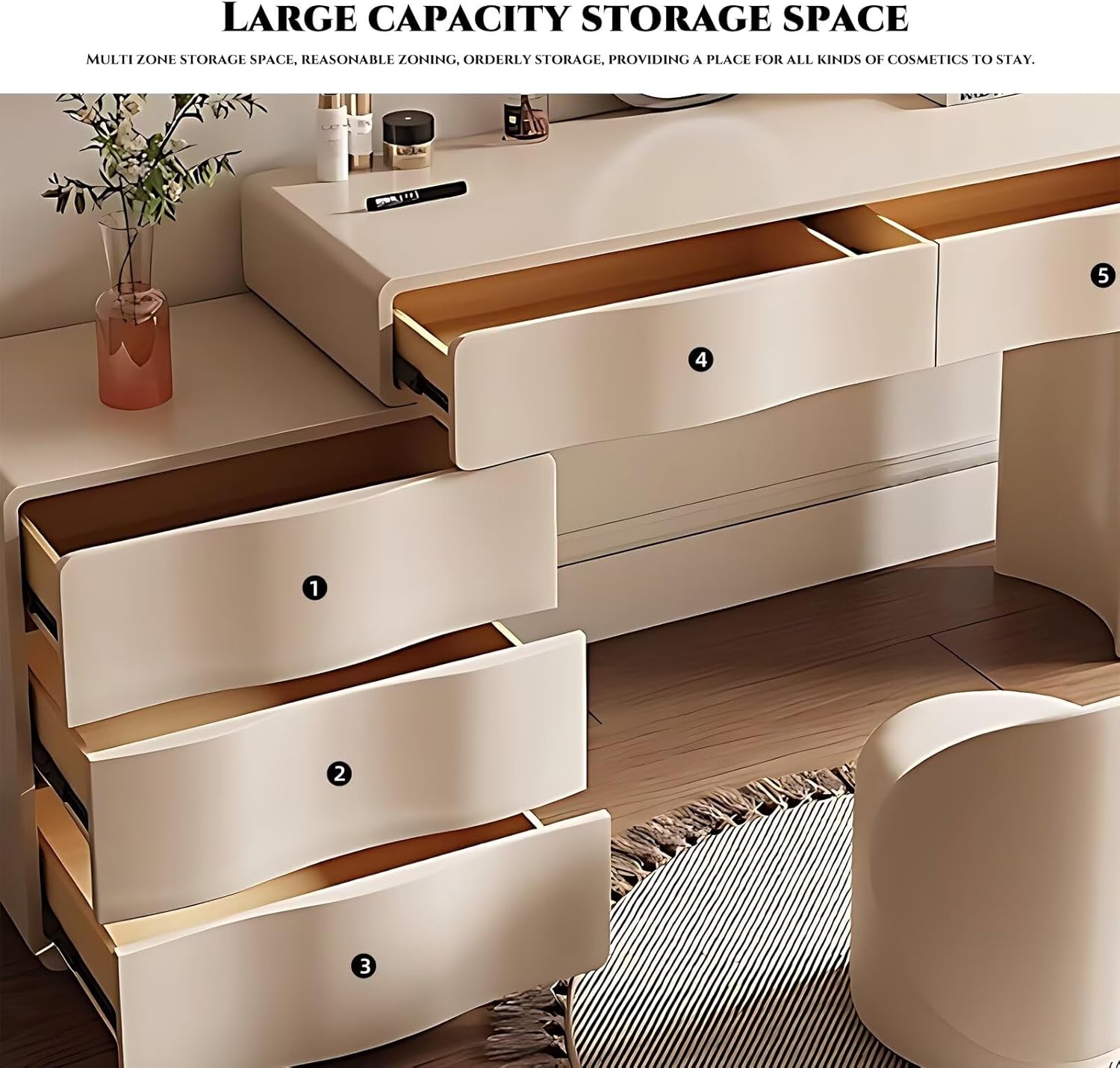 Vanity - Mobile da trucco moderno con specchio a LED, in legno massello, include sgabello per il trucco e 5 cassetti, elegante bianco 90 cm, per decorazione camera da letto