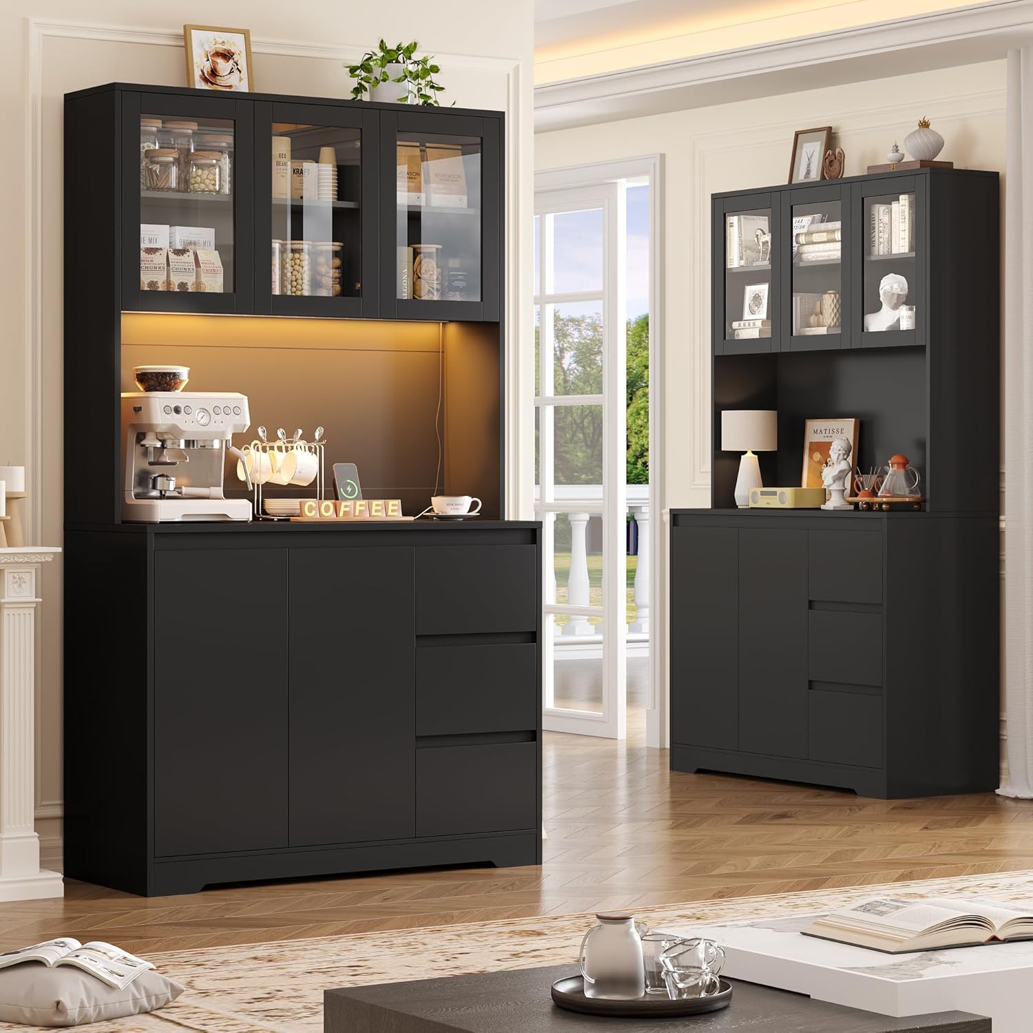 FirFurd Credenza Cucina, Credenza Alta con Luci a LED e Prese, Mobile Buffet con Cassetti e Armadi, Ripiani Regolabili, per Cucina, Soggiorno, Studio180x100x38,5cm (Nero)