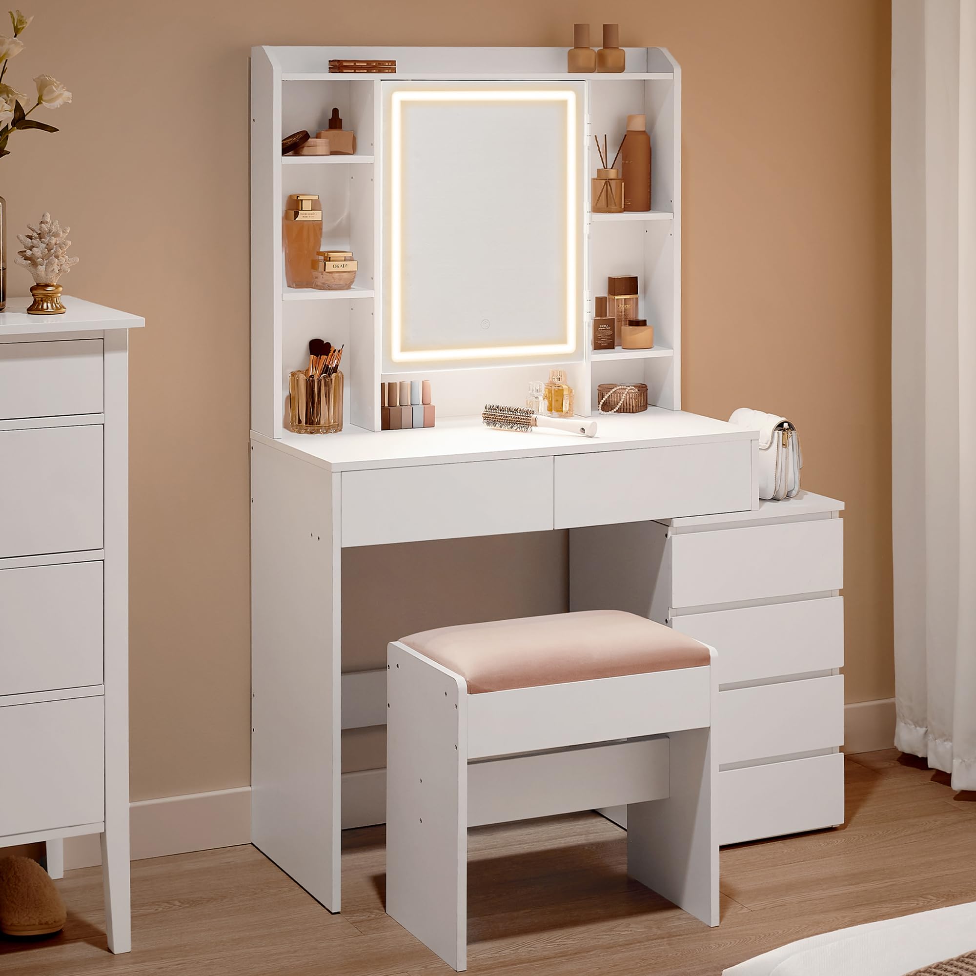 VASAGLE Schminktisch mit LED Beleuchtung Hocker und Spiegel Frisiertisch Make up Tisch für Schlafzimmer