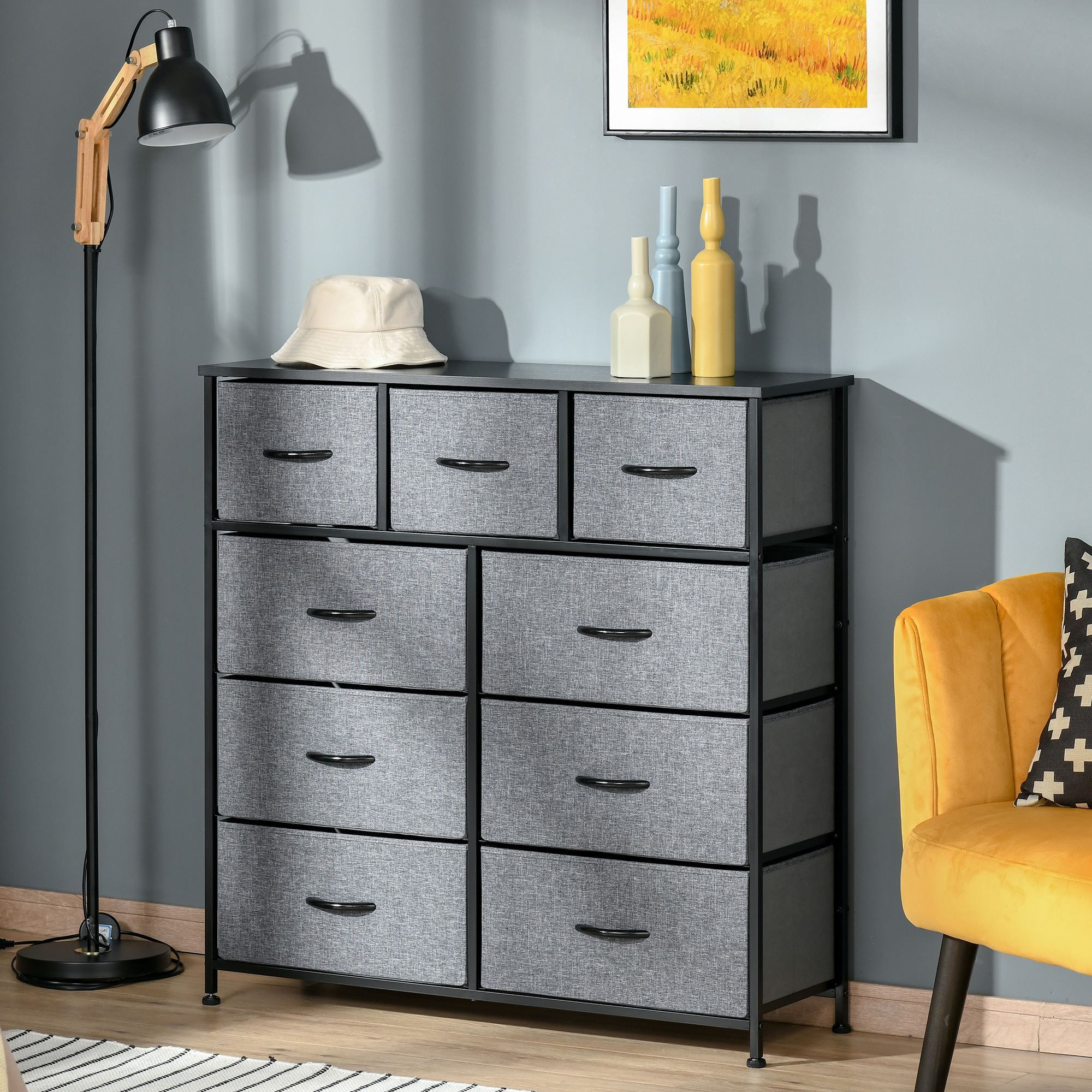 HOMCOM Kommode 9 Schubladen Aufbewahrungsmöbel faltbare Stoffschubladen - schwarze Stahlstruktur - 100 x 30 x 100 cm, Schwarz und Grau