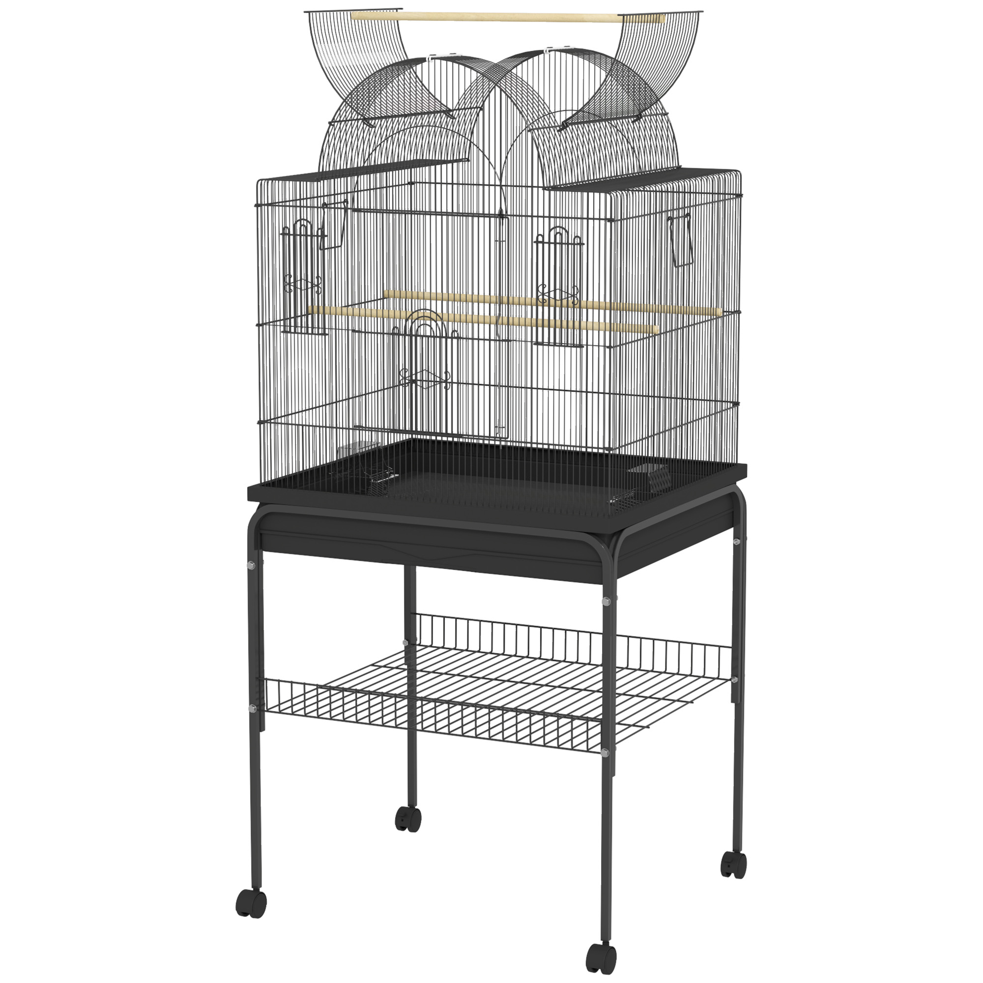 PawHut Vogelkäfig für Kanarienvögel & Wellensittiche, mobil, mit Bodenfach, Metallgitter, Schwarz