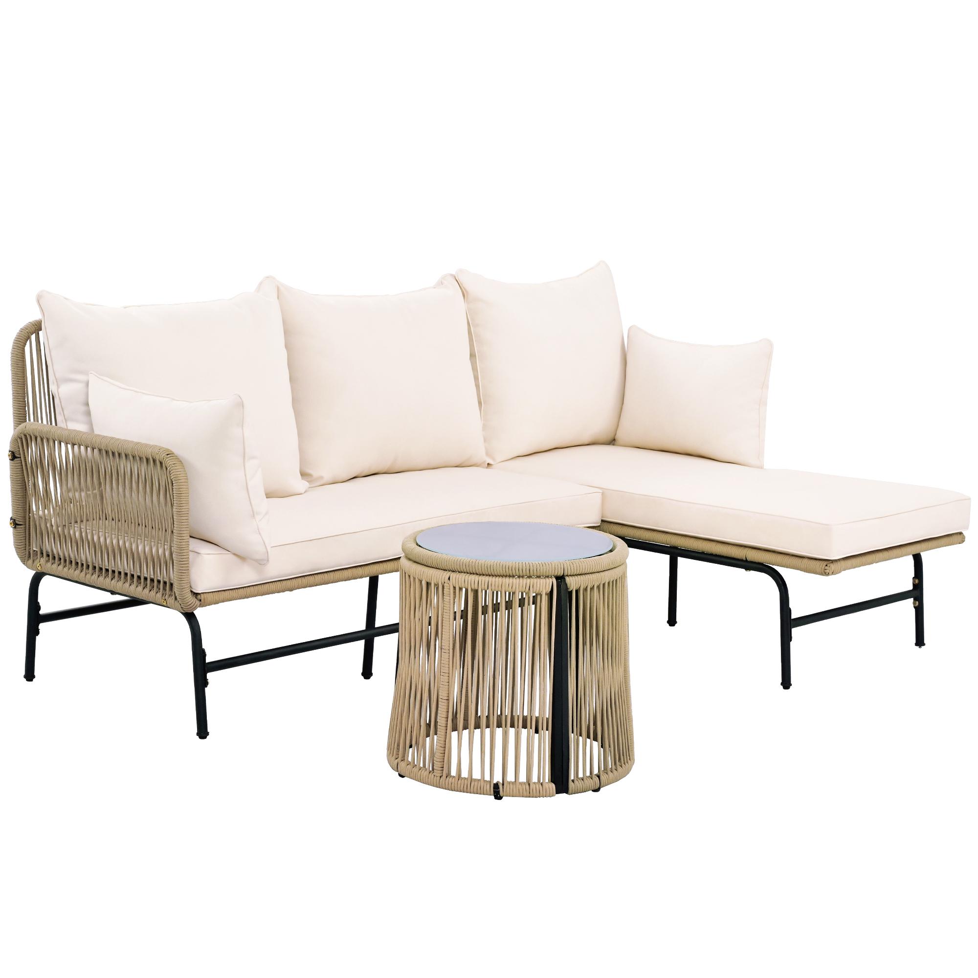 Loungemöbel - Handgezogenes Seil Sofa Set, Metallgestell, L-förmiges Design für Garten, Beige