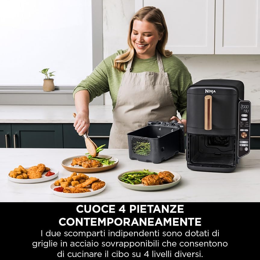Ninja Double Stack XL Friggitrice ad Aria Verticale, Doppia Zona, 4 Livelli, 2 Scomparti, 2 Griglie, Capienza 9.5L, 6 Funzioni, 8 Porzioni, Parti Lavabili in Lavastoviglie, Pinze, Nero/Rame, SL400EUCP
