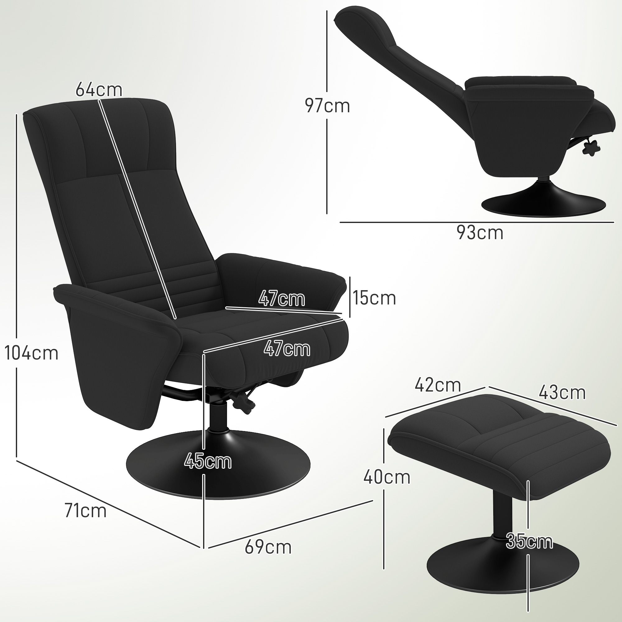 Polsterfauteuil, Accentstoel met Voetenbank, Draaibaar, Ergonomisch, Microvezeldoek, tot 150 kg, Zwart