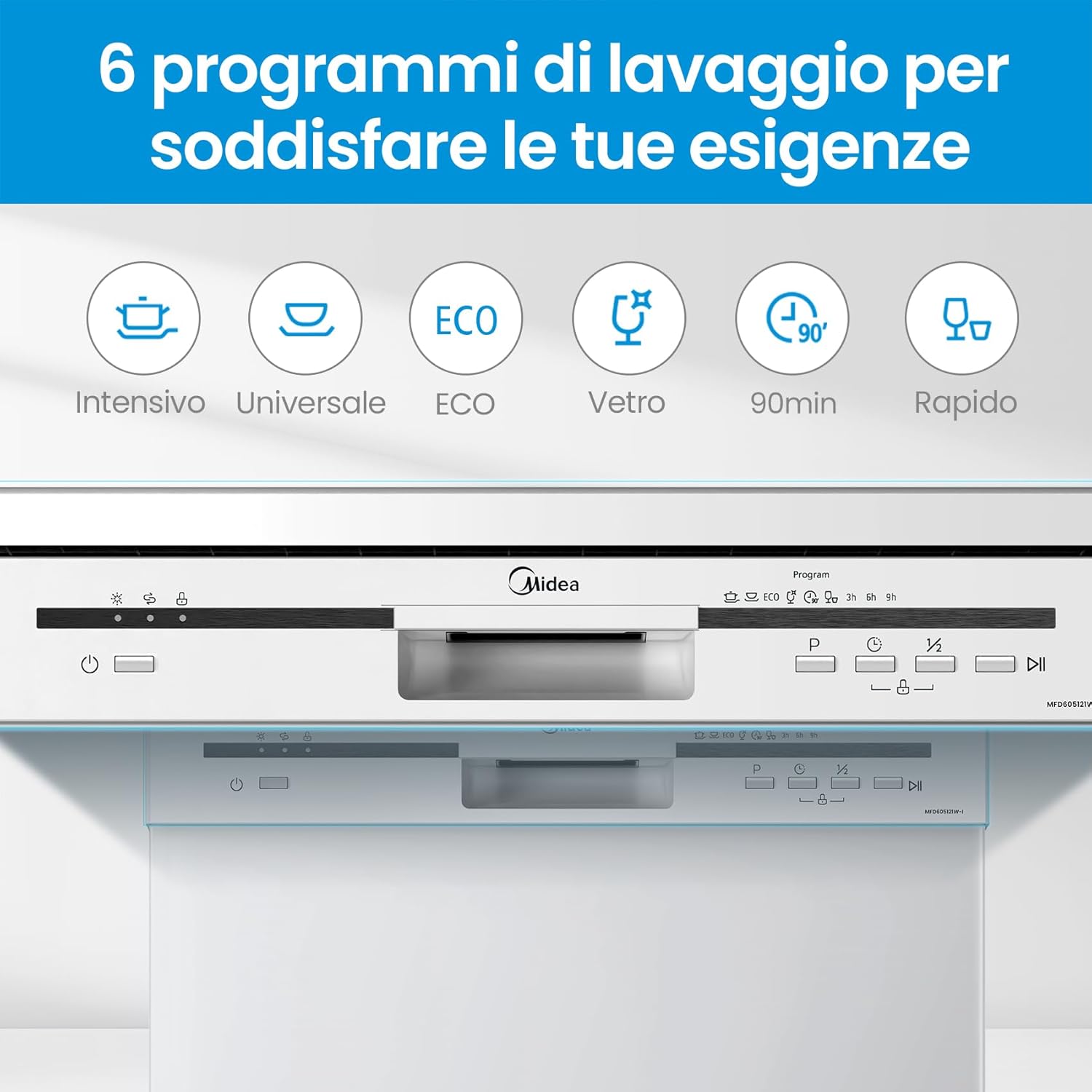 Midea MFD60S200X.1-IT Dishwasher Freestanding with 14 Places, 8 Programs, LED Display, Delay Start, Half Load Function, Extra Drying - Stainless Steel