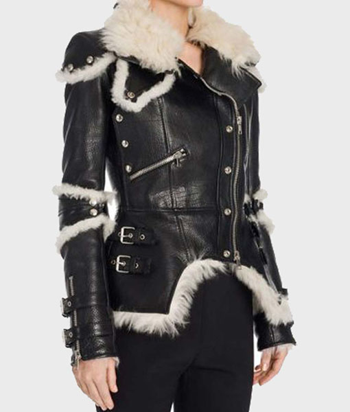 Womens Black Leather Shearling Biker Jacket