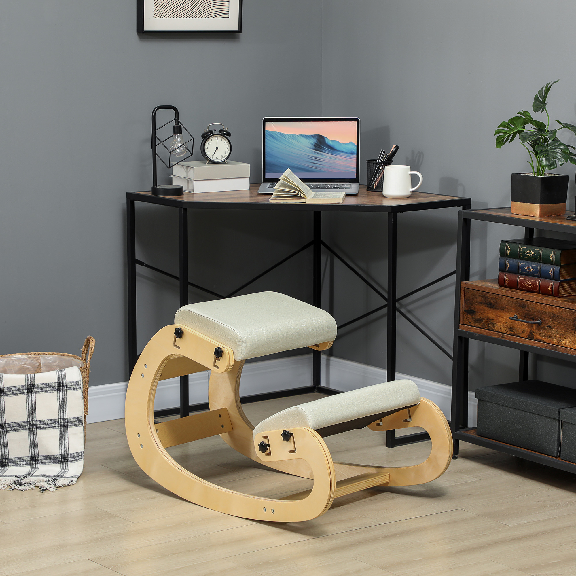 HOMCOM Kniesitzstuhl, ergonomischer Holzschaukelstuhl mit verstellbarer Funktion, Kniesitz für Homeoffice