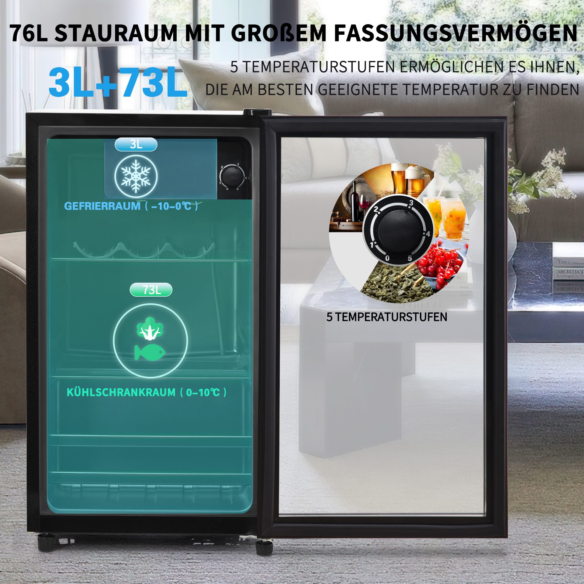 Kühlschrank 76L mit Gefrierfach, Glastür, verstellebare Ablage, Getränkekühlschrank SC-76A
