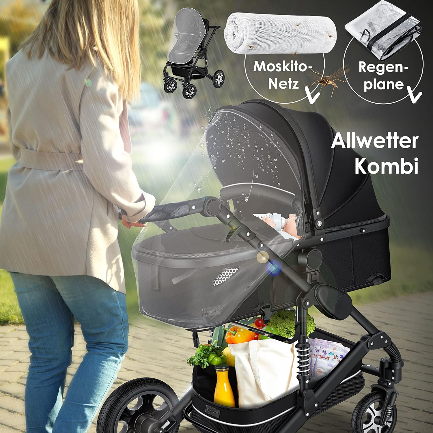 KESSER® Loops 3 in 1 Kinderwagen Kombikinderwagen Komplett-Set inkl. Babywanne & Buggy Sportsitz & Auto-Babyschale Voll-Gummireifen Wickeltasche Regenschutz Kindertisch ECE R129, Schwarz/Schwarz