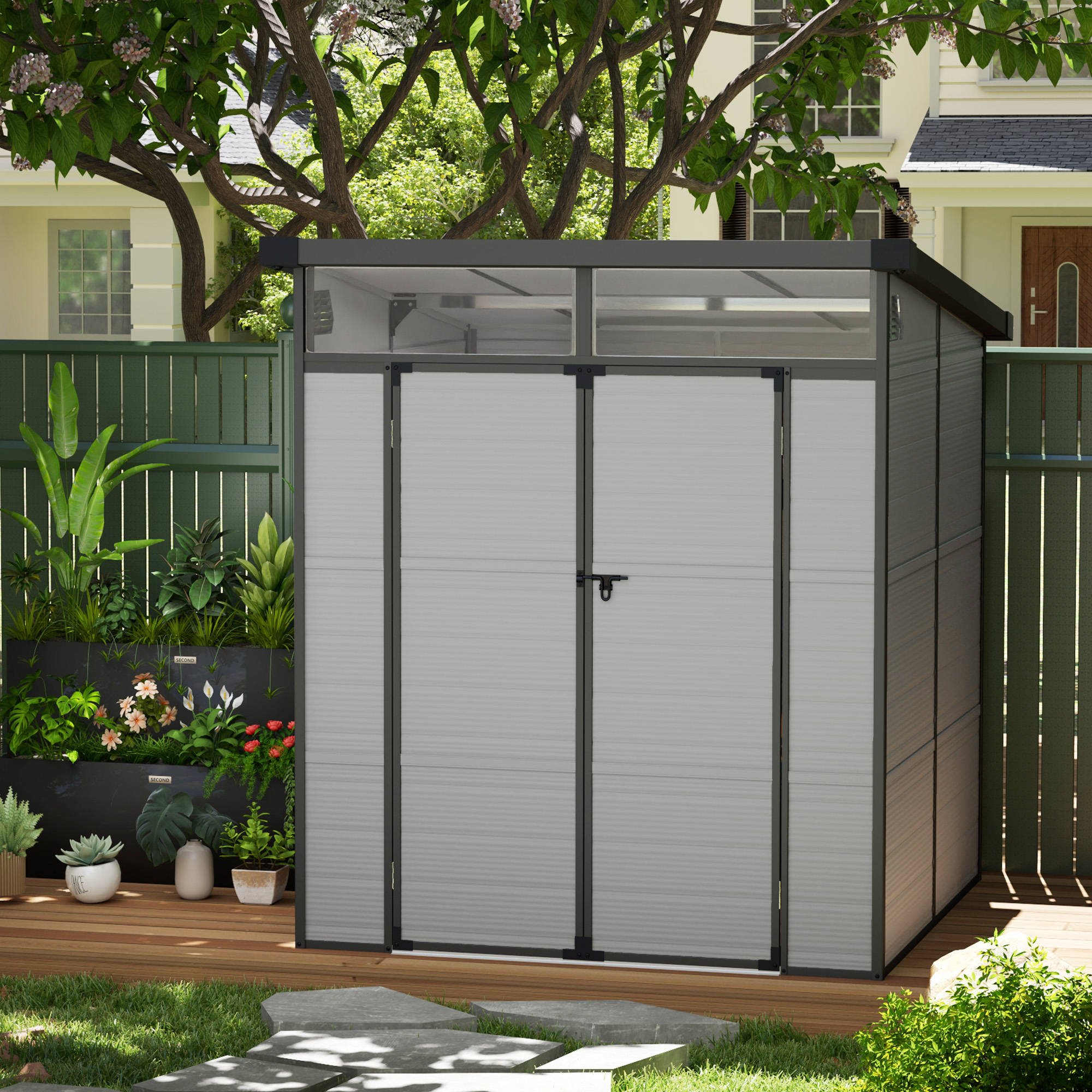 Outsunny 1,9 x 1,9 m Tuinschuur, Opslagschuur uit Kunststof, met Afsluitbare Deuren, 2 Ventilatieopeningen, Lichtgrijs