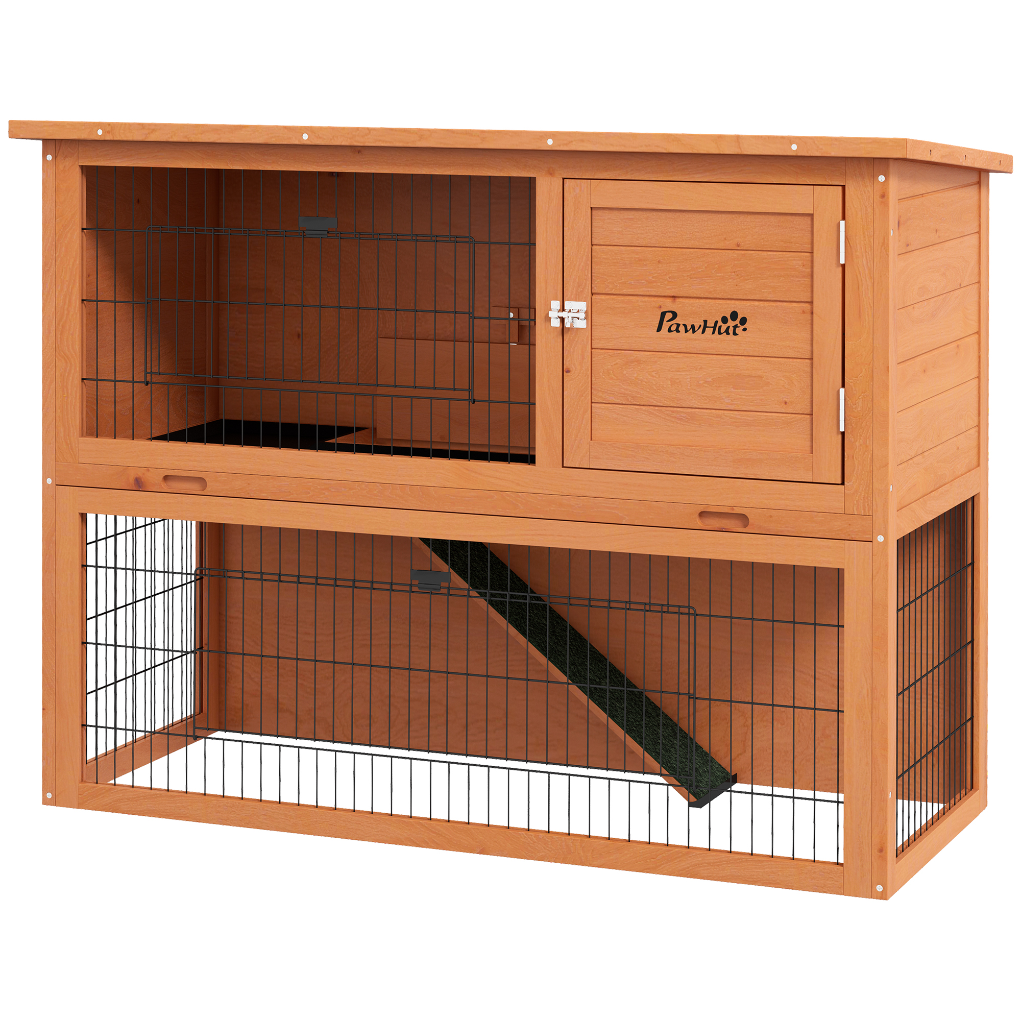 PawHut Kaninchenstall aus Holz 2 Etagen mit 3 Türen herausziehbare Schublade Rampe Bitumendach 120 x 50 x 92 cm Orange
