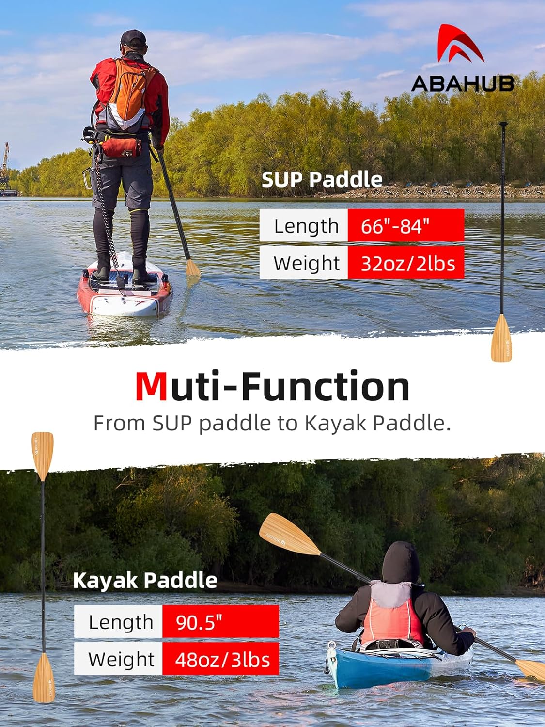 Abahub Pagaia SUP Alluminio Remi SUP Paddle Stand Up Paddle Telescopico 173-213 cm per Tavola da Surf Canoa SUP, Lama in Nylon di Plastica in Nero/Blu/Verde/Rosso/Arancione/Giallo