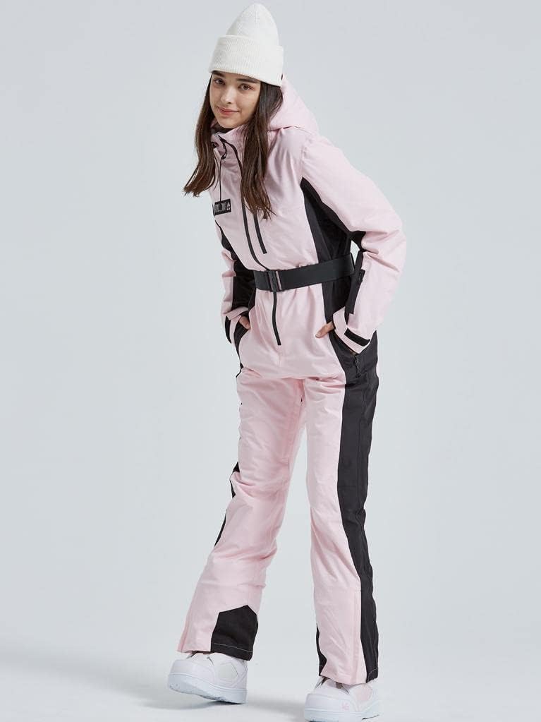 ALSOGO Einteiliger Skianzug für Damen, Skioverall 10,000mm wasserdichter Schneeanzug mit abnehmbarer Pelzkragen Mantel Gürtel, Warm Isoliert Skibekleidung für Outdoor Winter Skifahren Snowboard