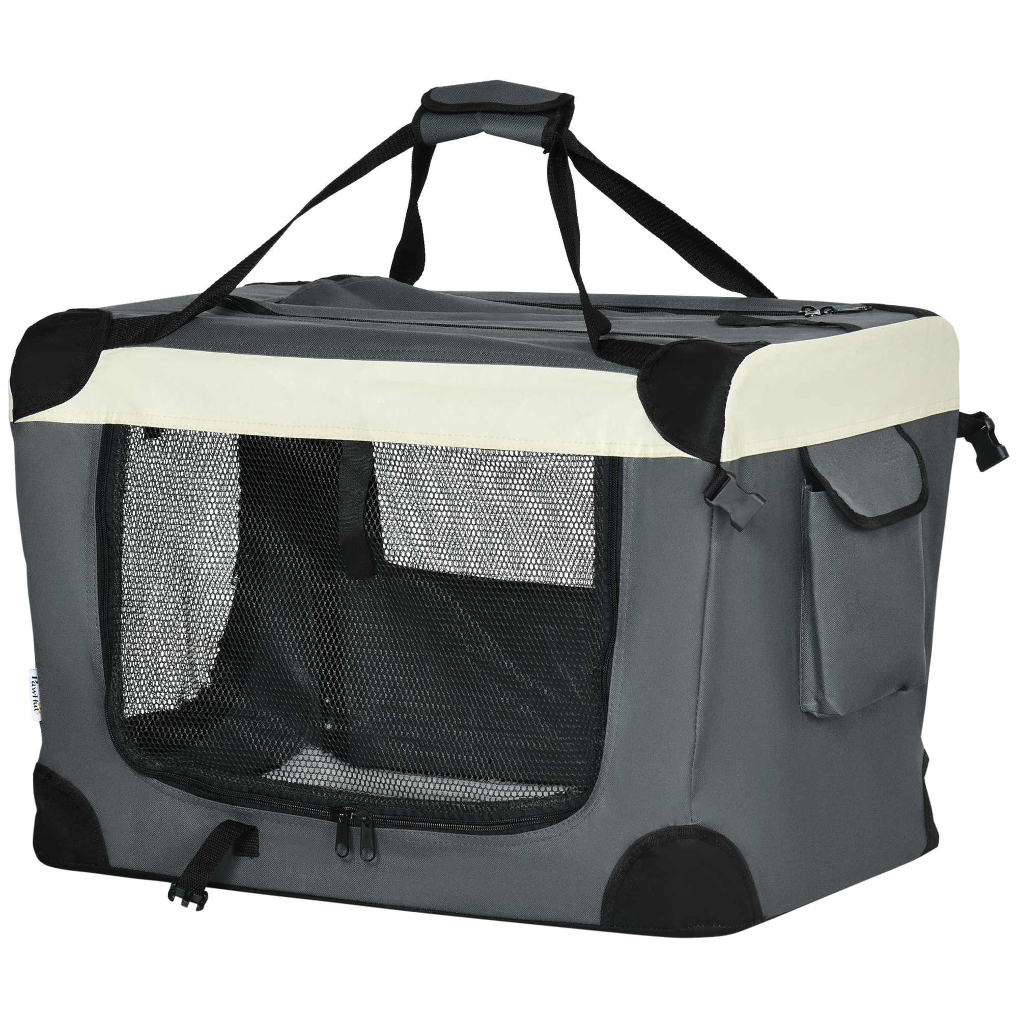 PawHut Faltbare Transporttasche - Griff, 3 Reißverschlüsse, Tasche - abnehmbares Kissen - Stahl Oxford Polyester Grau Schwarz