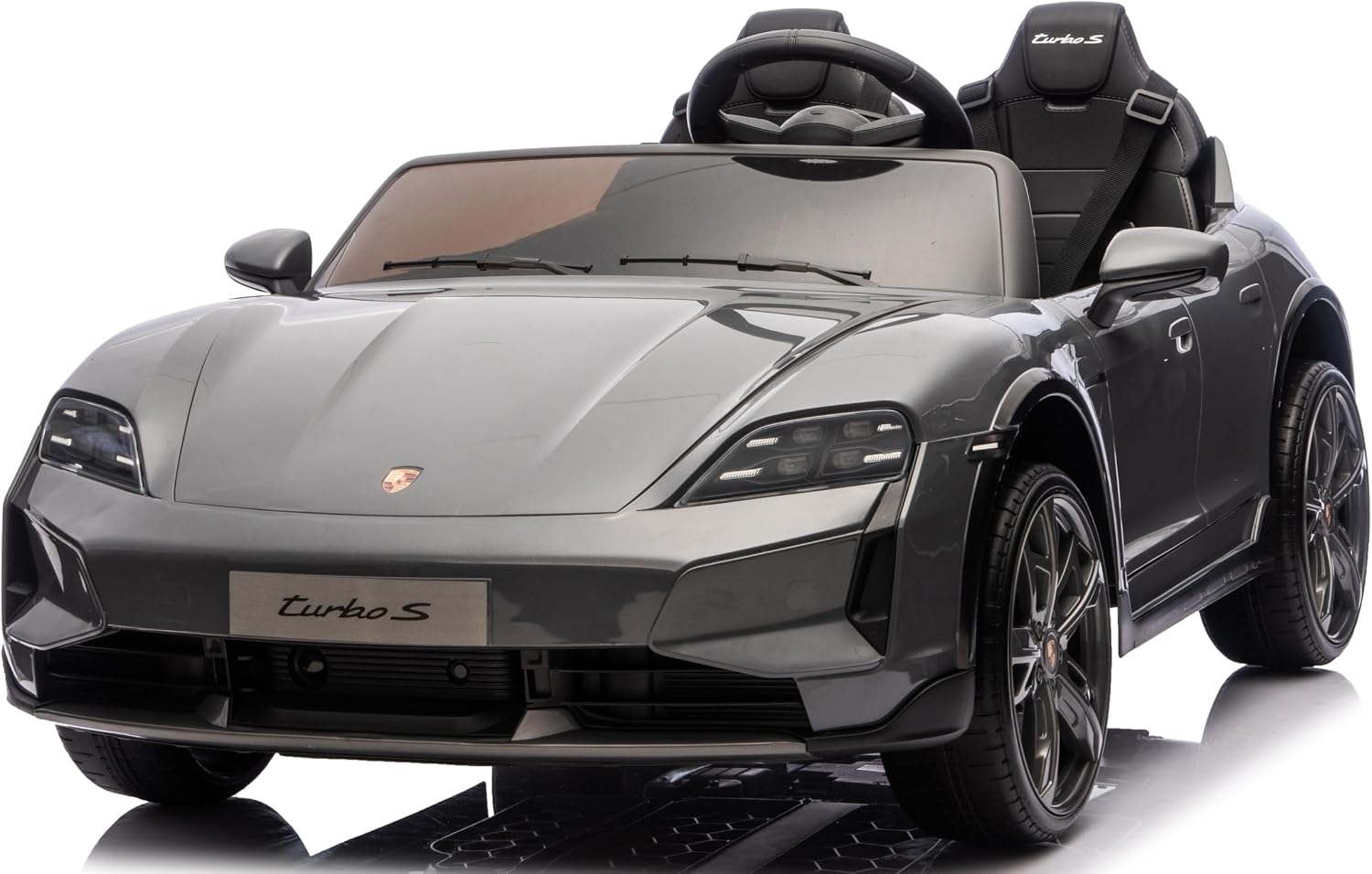 Porsche Taycan Turbo S 24V Auto Elettrica per Bambini 2 Posti Macchina con Telecomando Ruote in Gomma Due Cinture a 3 Punti Luci LED Bluetooth Full Optional Carico Massimo 60 Kg Grigio