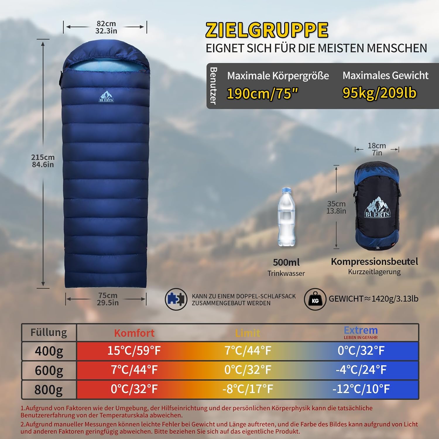 daunenschlafsack Winter, Warmer und Leichter Winterschlafsack für Erwachsene und Kinder, 680FP+ Leichtschlafsack, geeignet zum Wandern, Bergsteigen, Camping.
