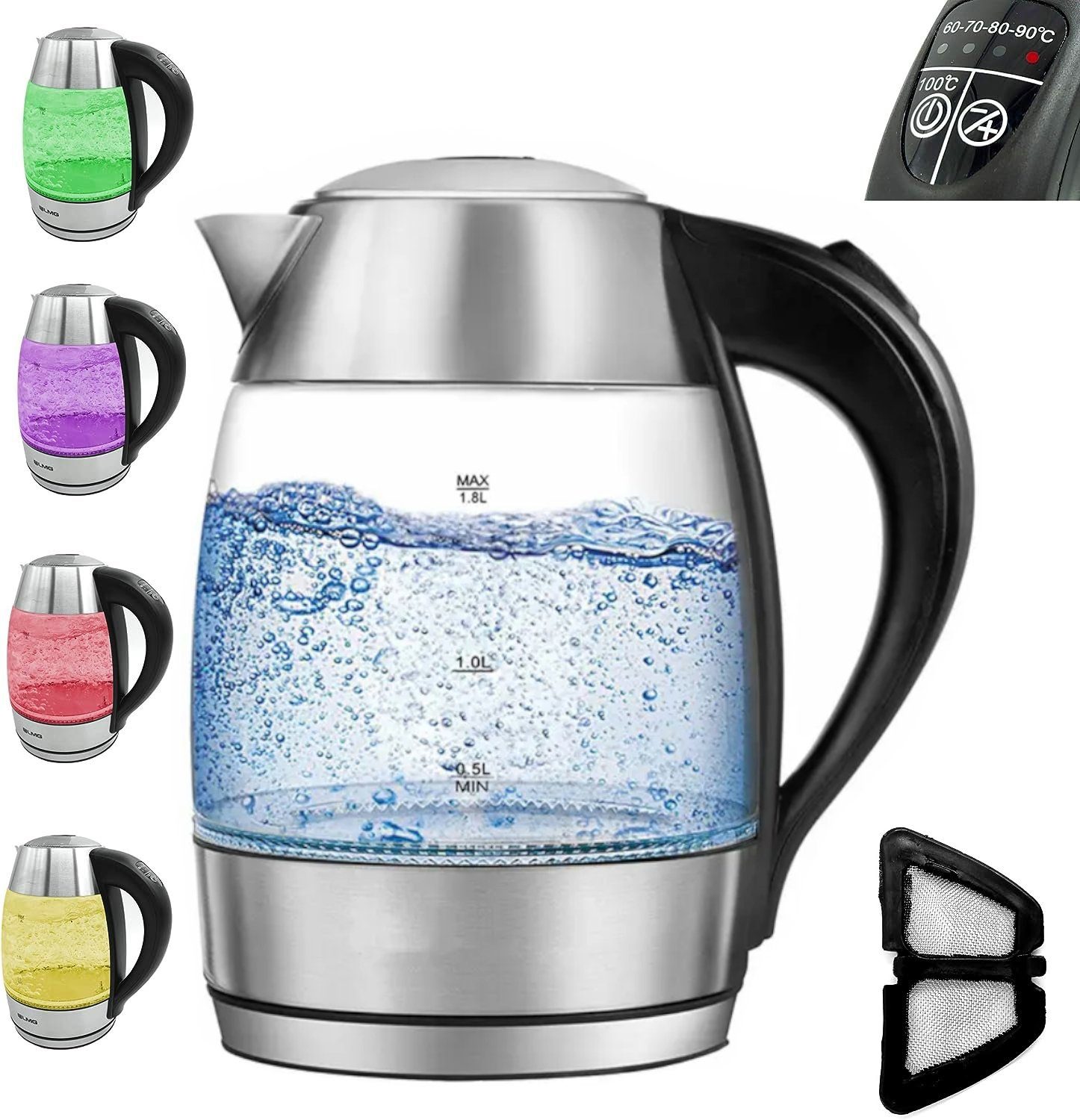 Wasserkocher 1,7 l Glas Edelstahl Wasserkocher 2200W, LED & Temperatureinstellung