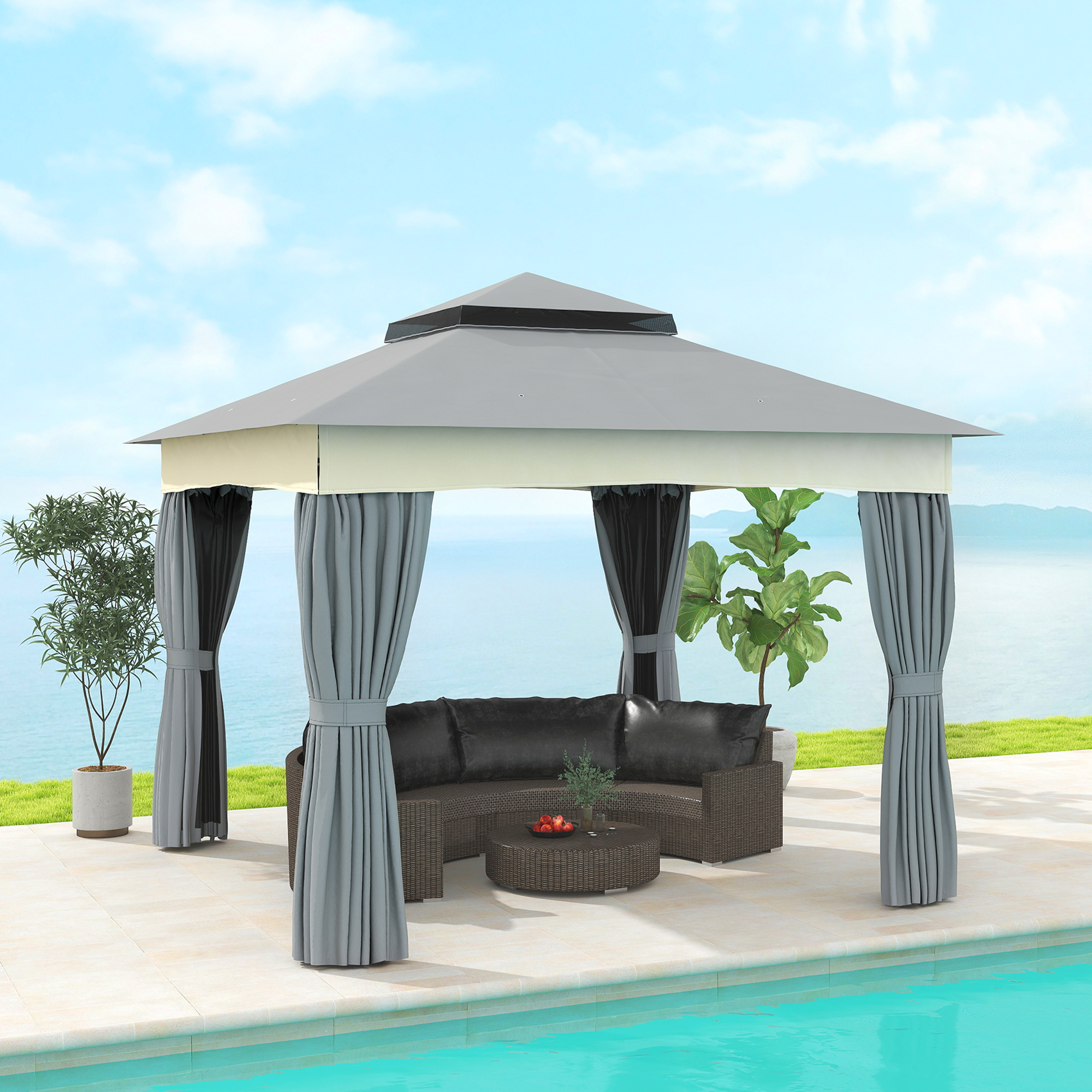 Outsunny Pavillon mit Doppeldach, 3x3 m Wasserabweisend Stabil Winterfest Gartenpavillon aus Metall Dunkelgrau