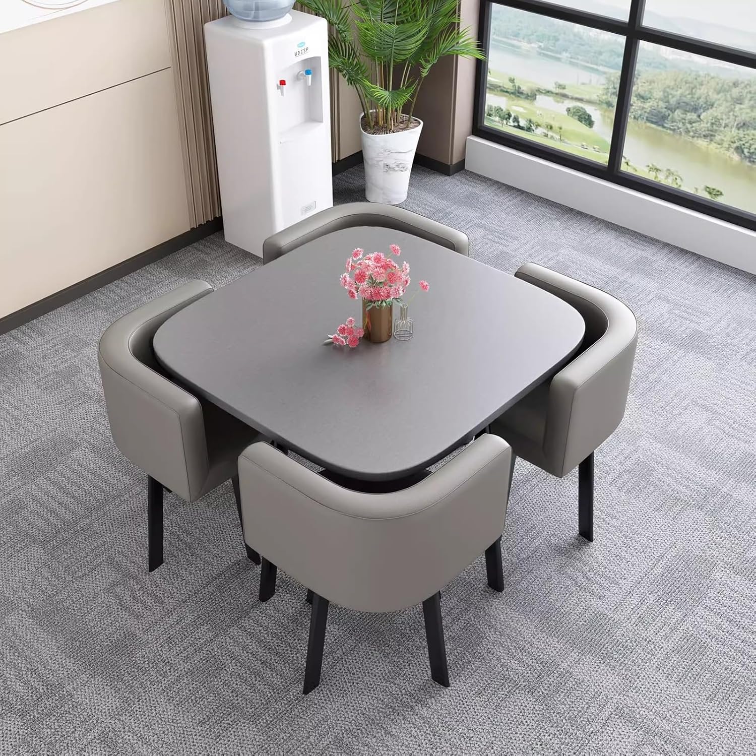 Set di tavolo da caffè moderno e 4 sedie, elegante tavolo da pranzo quadrato per bar, ufficio, hotel, negozio di tè al latte, set di mobili grigi