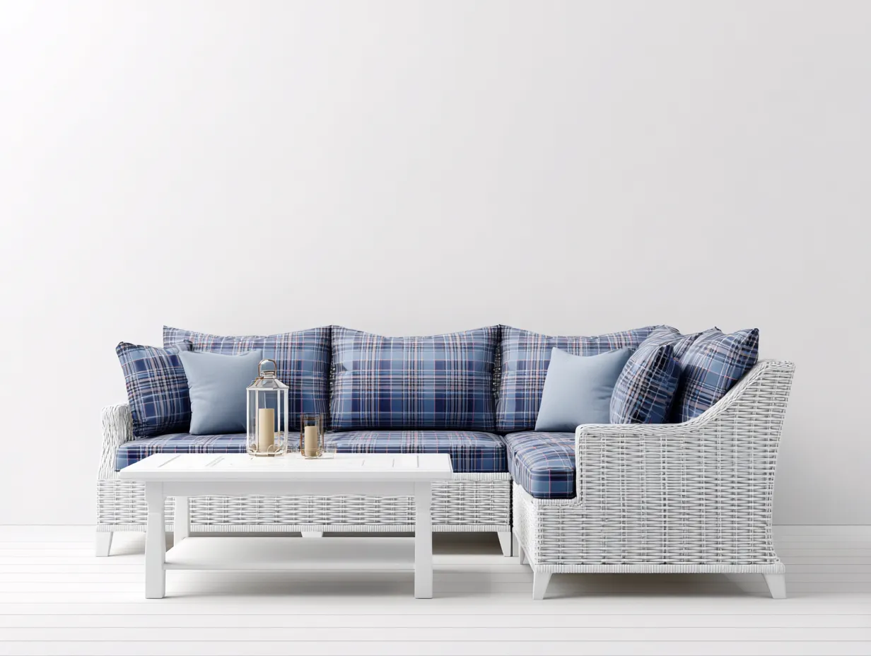 Gartensofa-Polyrattan-Aluminium-Holz-232 x 160 x 74 cm-Weiß-Blau-Moderner Outdoor-Stil