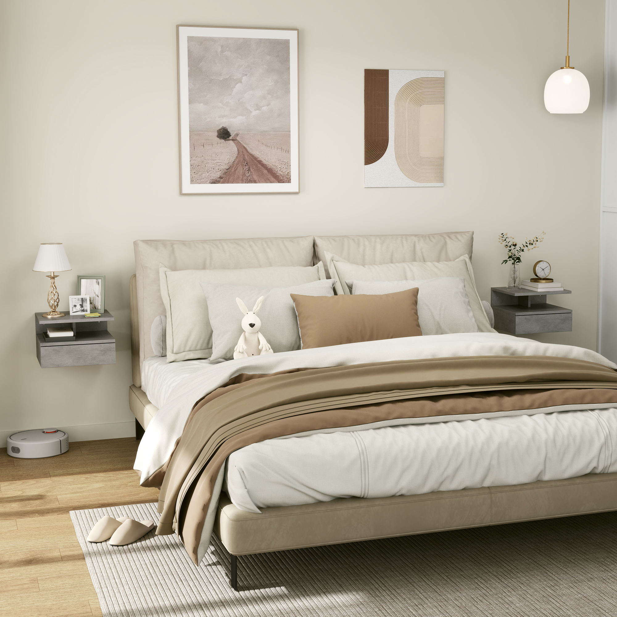 HOMCOM Set mit 2 Hängenden Nachttischen für Schlafzimmer mit Schublade und Regal aus Holz 35x32x22.5cm, Grau