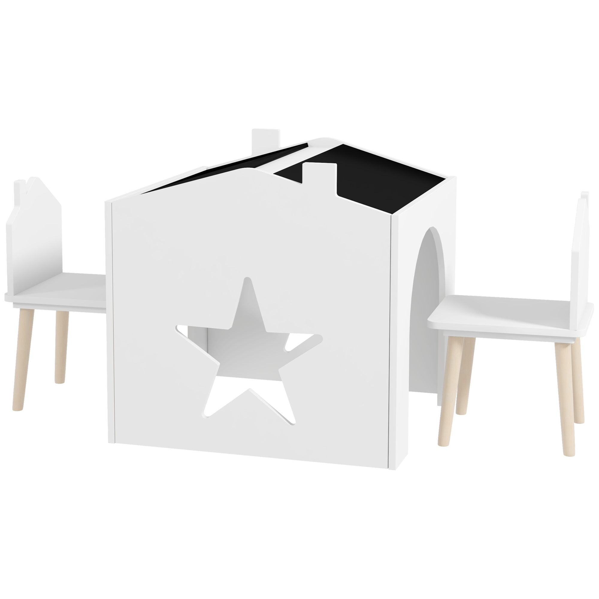 AIYAPLAY Set 1 Tisch und 2 Stuhl 3-teilig für Kinder, Schiefertafel, MDF und Kieferbeine, für 3-8 Jahre, Weiß
