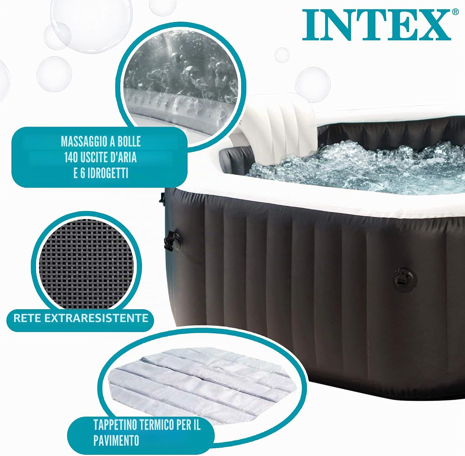 Intex 28462EX - PureSpa Vasca Idromassaggio Gonfiabile Jet&Bubble Deluxe Ottagonale, 6 posti, 140 Getti, Riscaldatore, Nero, 218x71 cm