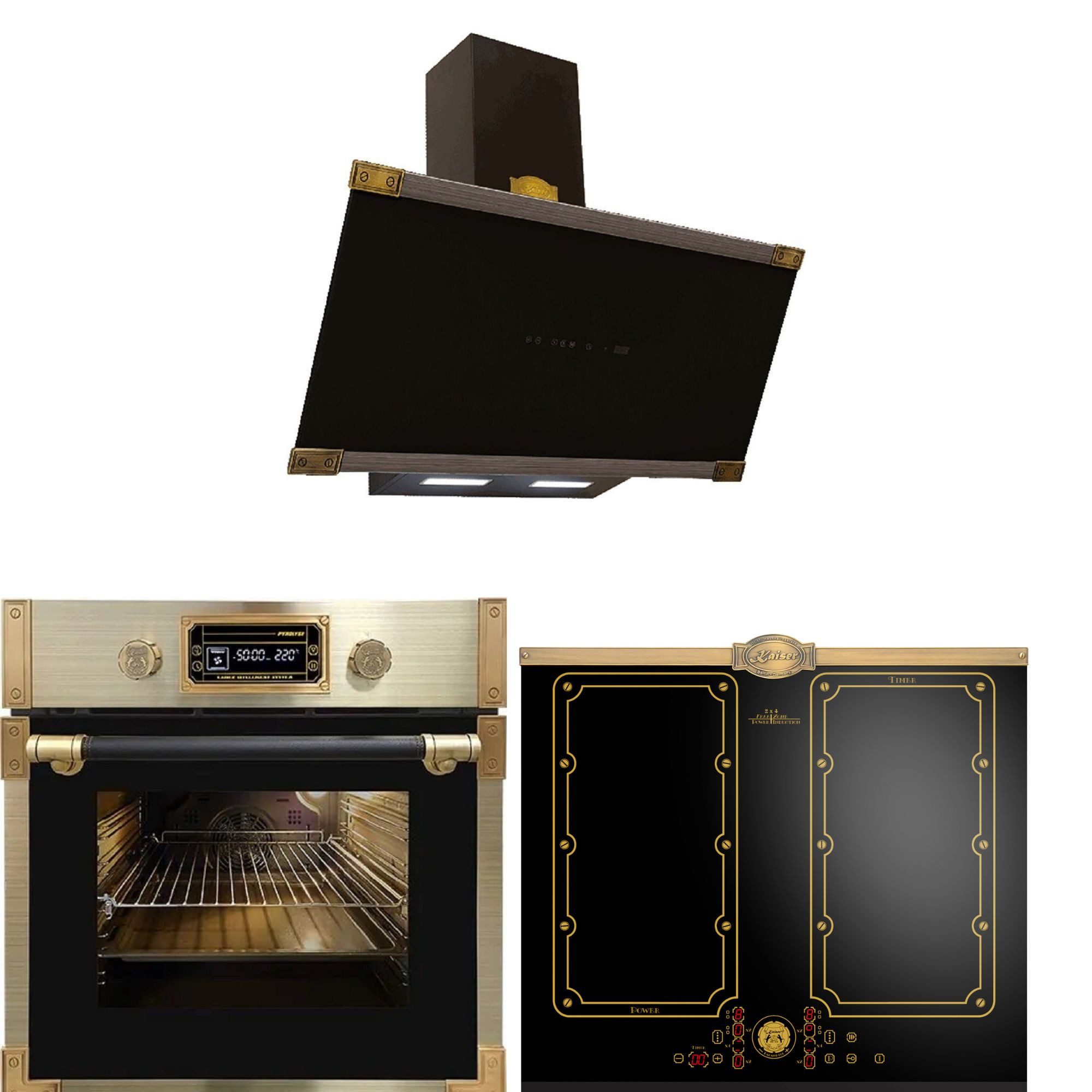 Backofen-Set Herd Set Autark Retro Pyrolyse Einbau Backofen 73L Schwarzes Glas 60 cm mit Induktionskochfeld 60 cm FREE ZONE mit 2 FLEX Induktions-Zonen +Dunstabzugshaube 90 cm, 1250 m³/h EH 6427 AD + KCT 6192 FI Em+AT 9445 AD Eco