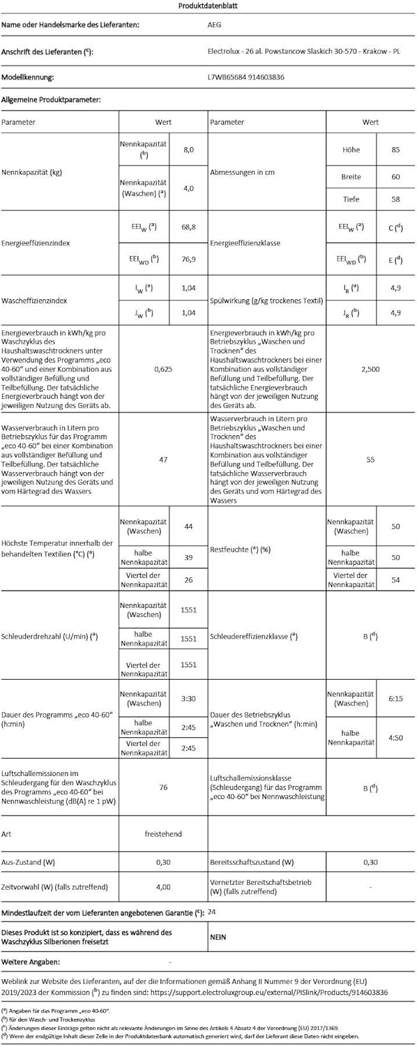 AEG L7WBA60680 Waschtrockner / DualSense - schonende Pflege / 8 kg Waschen / 5 kg Trocknen / D / energiesparend / Mengenautomatik / Nachlegefunktion / ProSteam - Auffrischfunktion / 1600 U/min