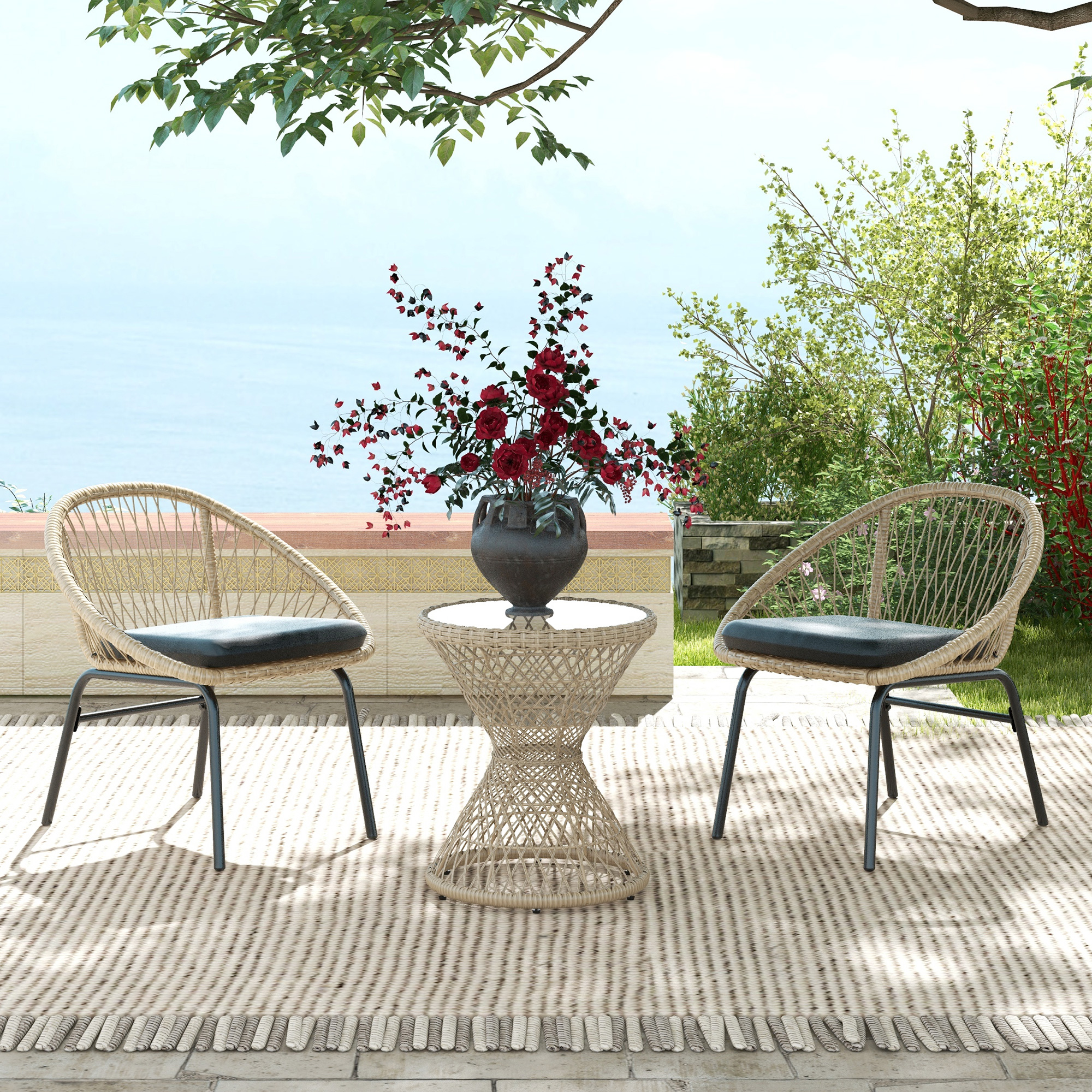 Outsunny Couchtisch Beistelltisch Boho-Design, Glasplatte, PE-Rattan, 45 cm x 45 cm x 52 cm, Natur