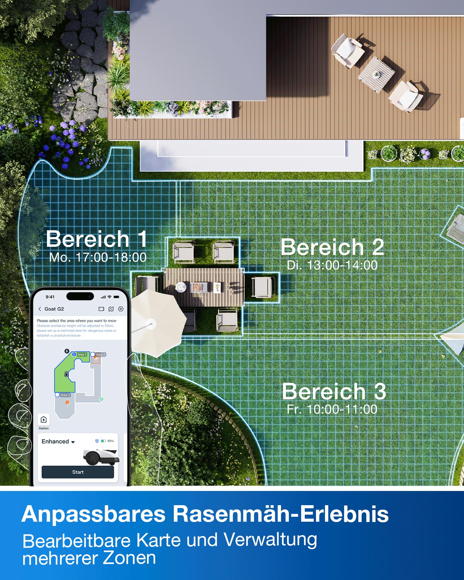 Mähroboter O800 RTK für 800 m² ohne Begrenzungskabel LiDAR Vision 22 cm Schnittbreite 4000 mAh Akku 45 % Steigung 3–8 cm Schnitthöhe