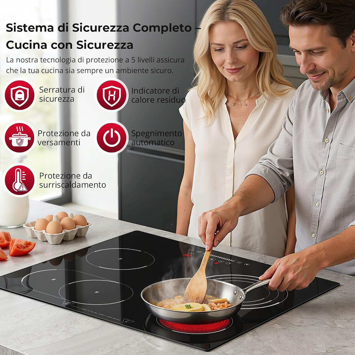 SNDOAS Piano Cottura Vetroceramica 4 Fuochi, 6700W, Zona Ovale & a 3 Anelli