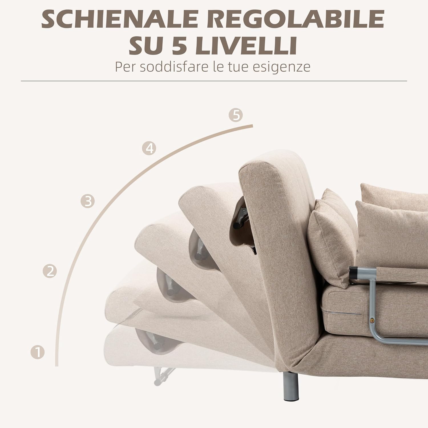 HOMCOM Divano Letto 2 Posti 3 in 1 Convertibile in Poltrona Reclinabile con Schienale Regolabile e 4 Cuscini Imbottiti, 102x82x81 cm, Beige