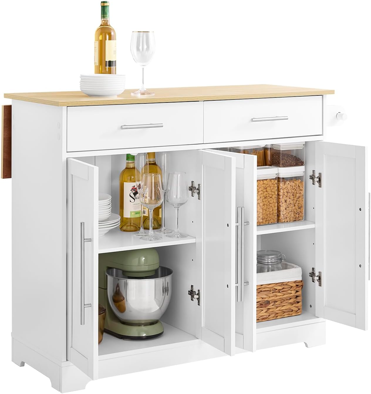 SoBuy Carrello Cucina con Ruote, Isola Cucina con Piano di Lavoro Estensibile in Legno, 2 Cassetti e Ripiani Regolabili Credenza Cucina Salvaspazio Penisola Cucina Bianco 113x(44-69) x91 FKW129-WN