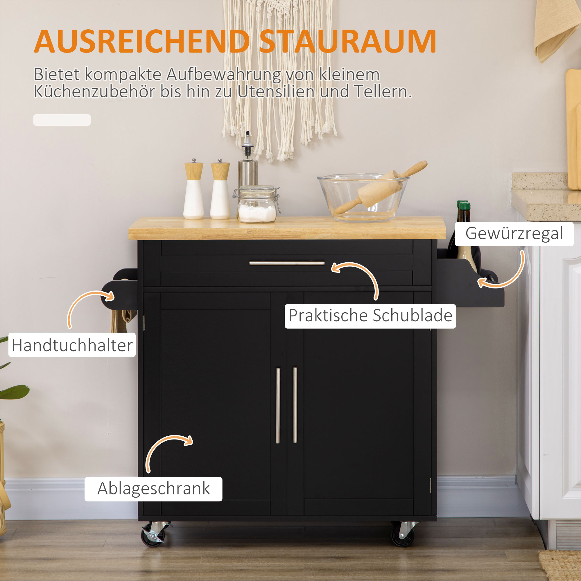 HOMCOM Keukentrolley Serveerwagen Keukenblok, 1 Kruidenrek, 1 Handdoekhouder, 109 cm x 40 cm x 89 cm, Zwart