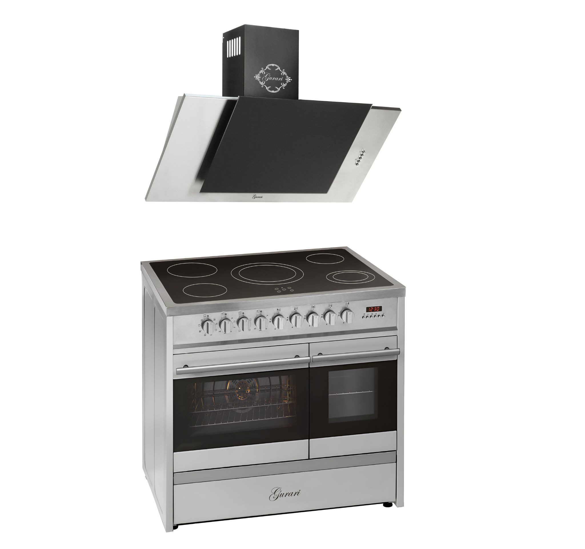 Elektro-Standherd 90 cm, Doppelbackofen, 5 Kochzonen, Range Cooker+Dunstabzugshaube 90 cm, 1000 m³/h GCH E 912 DF X+GCH S 482 90 IS N
