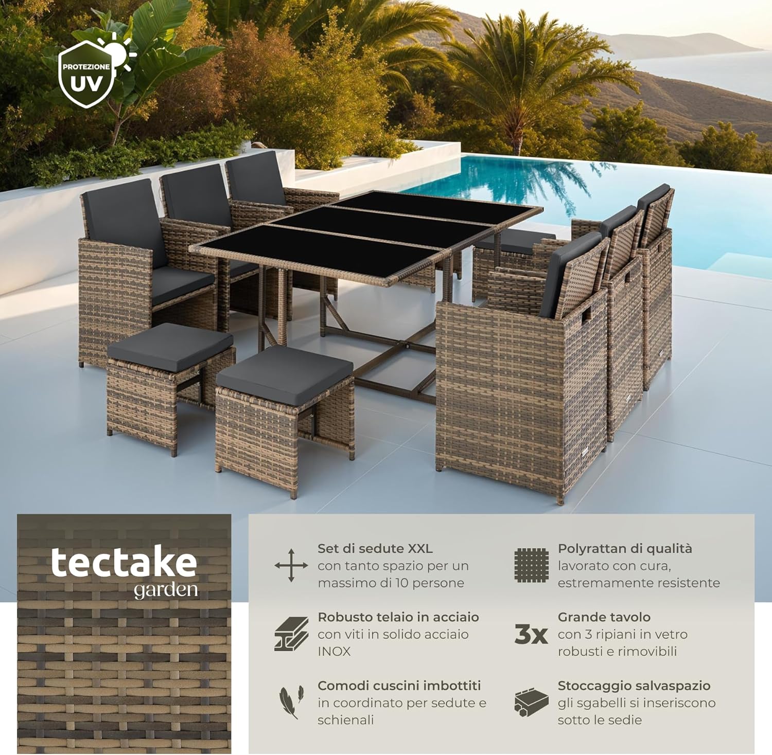 TecTake® Set in Poli Rattan, Set da Conversazione, Arredamento Giardino Elegante, 6 Sedie da Esterno, 1 Tavolo in Vetro, 4 Sgabelli, Ideale per Balcone, Giardino e Terrazzo - Naturale