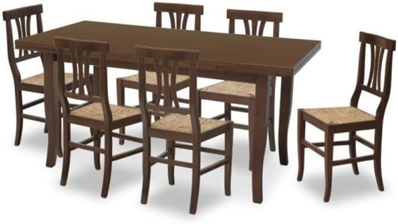 Vicentini arreda TAVOLO DUETTO ALLUNGABILE IN LEGNO ARTE POVERA CON SEDIE PIERA SEDUTA PAGLIA NOCE SCURO (160x85 + 6 sedie)