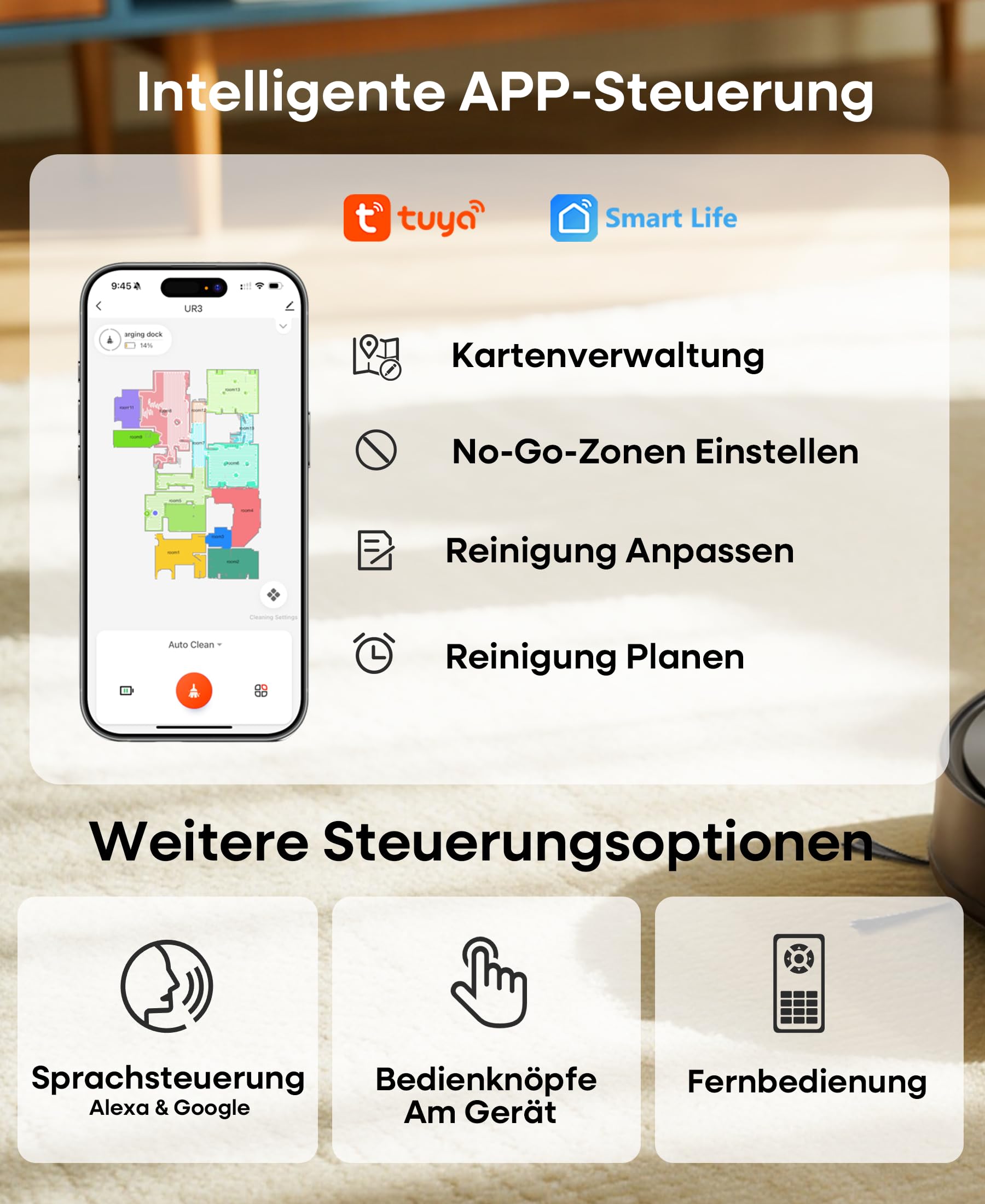 Saugroboter mit Wischfunktion und Absaugstation, 8000Pa, UR3, 3,5L Staubbehälter, 200 Minuten Laufzeit