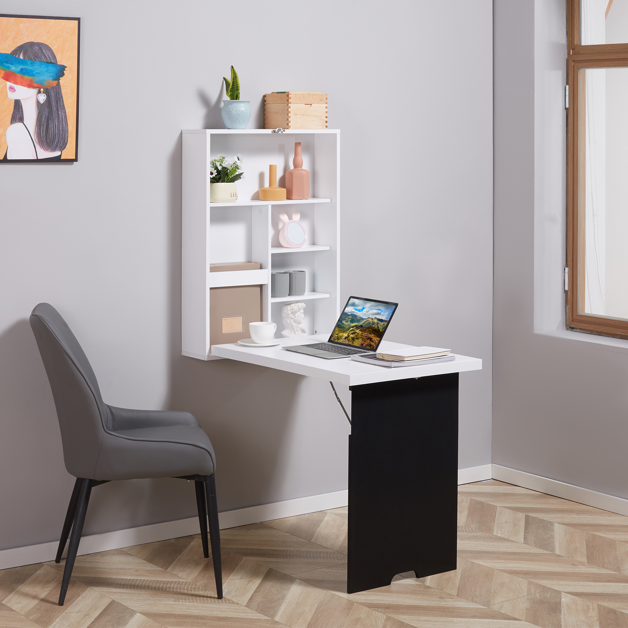 HOMCOM Wandtisch Wandklapptisch Klappschreibtisch mit Tafel Klappbarer Computertisch Esstisch MDF Schwarz+Weiß 60 x 94,5 x 147 cm