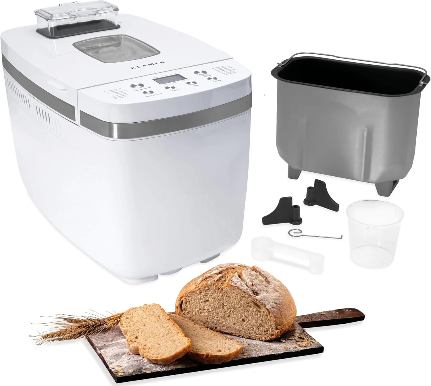 KLAMER Brotbackautomaten, 100 W Kneten, 750 W Backen, Weiß, Brotbackautomat mit 14 Programmen, auch glutenfrei, für 1300 g Teig