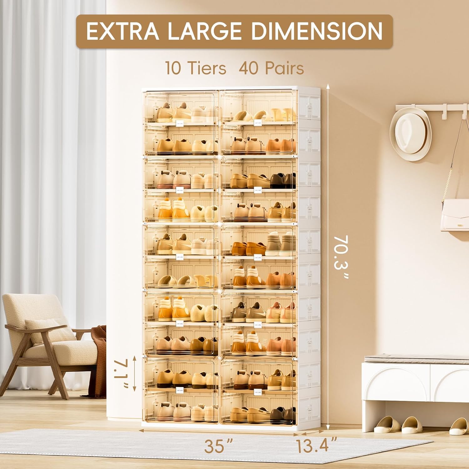 JEKO&JEKO 10-Tier Foldable Shoe Storage Box with Magnetic Doors, Large Stackable Shoe Organizer Cabinet for Entryway, Clear Front Door Shoe Boxes Hold Up to 40 Pairs (White)