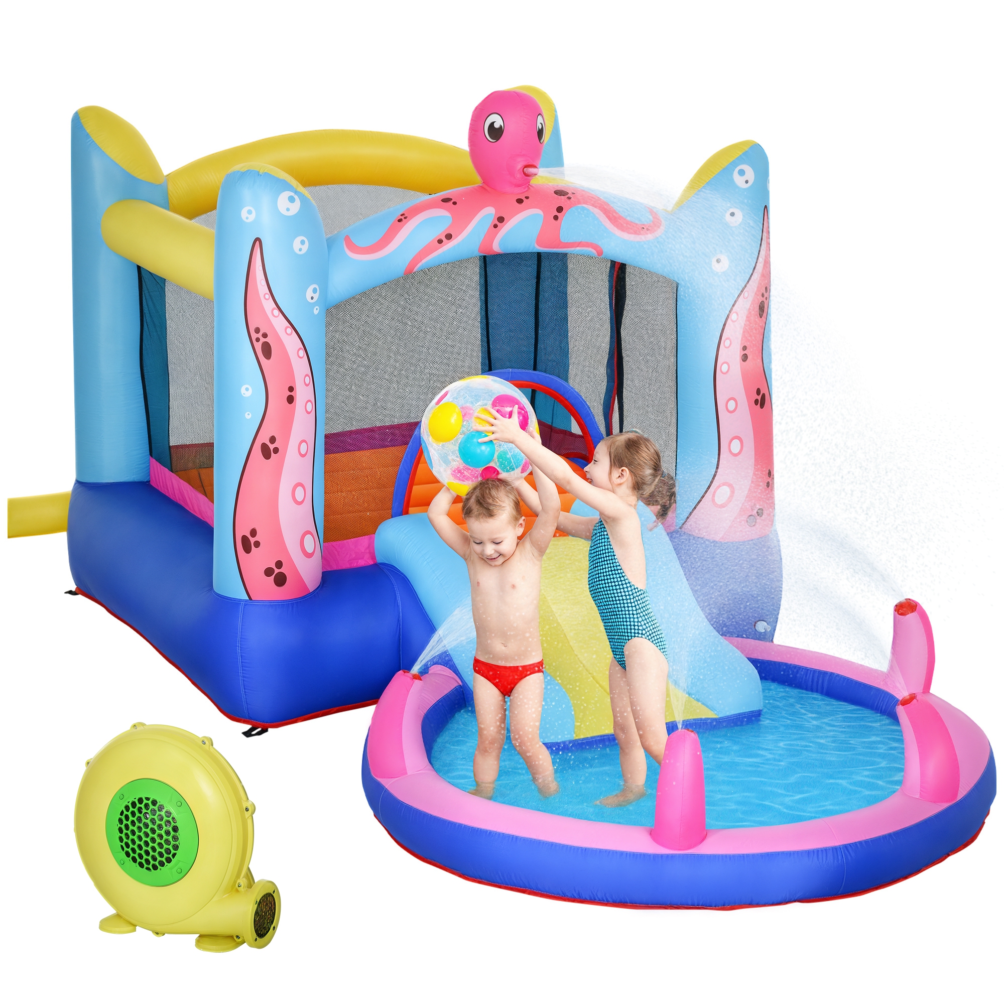 Outsunny Selbstaufblasende Hüpfburg inkl. Gebläse, Flicken, 1 Trampolin, 1 Wasserbecken, 1 Rutsche,  360 x 175 x 180 cm