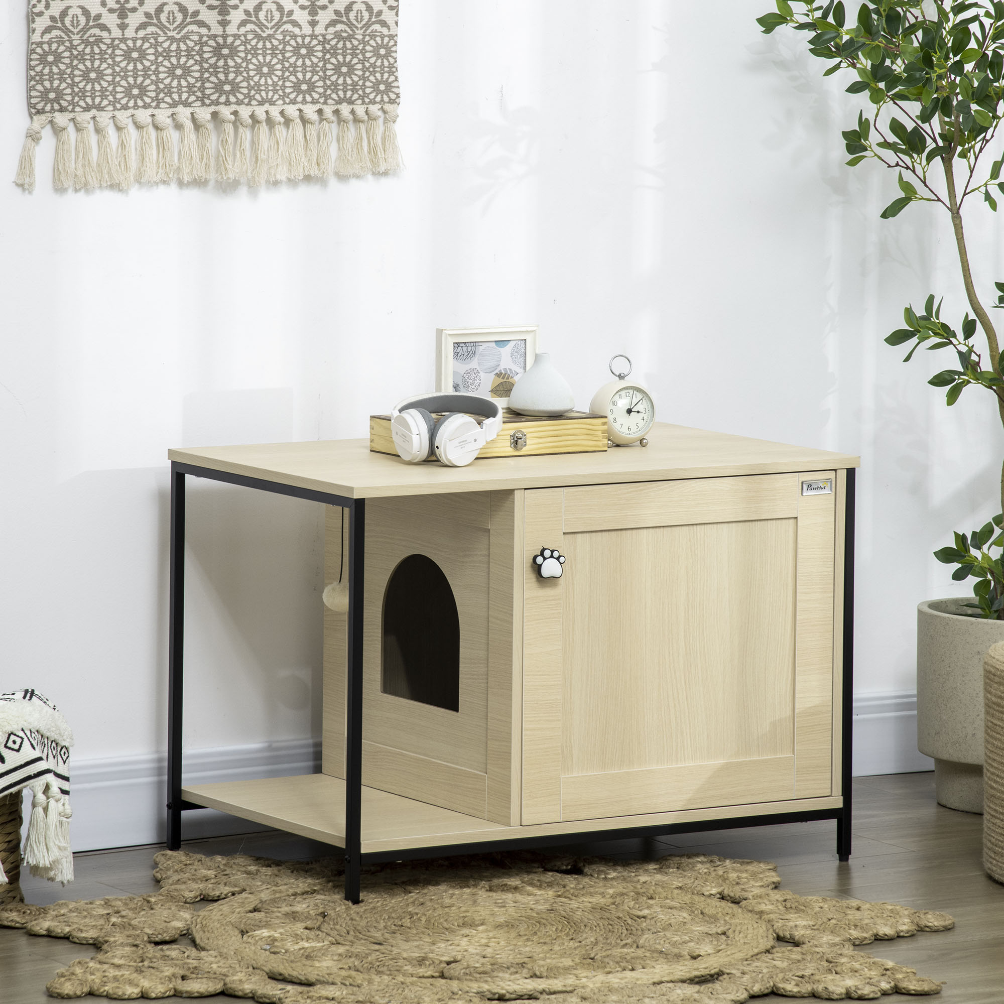 PawHut Katzentoilette, Katzenhaus, magnetische Seitentür, hängender Spielball, Bodenabstand, Eichenoptik, 80 x 48 x 55cm
