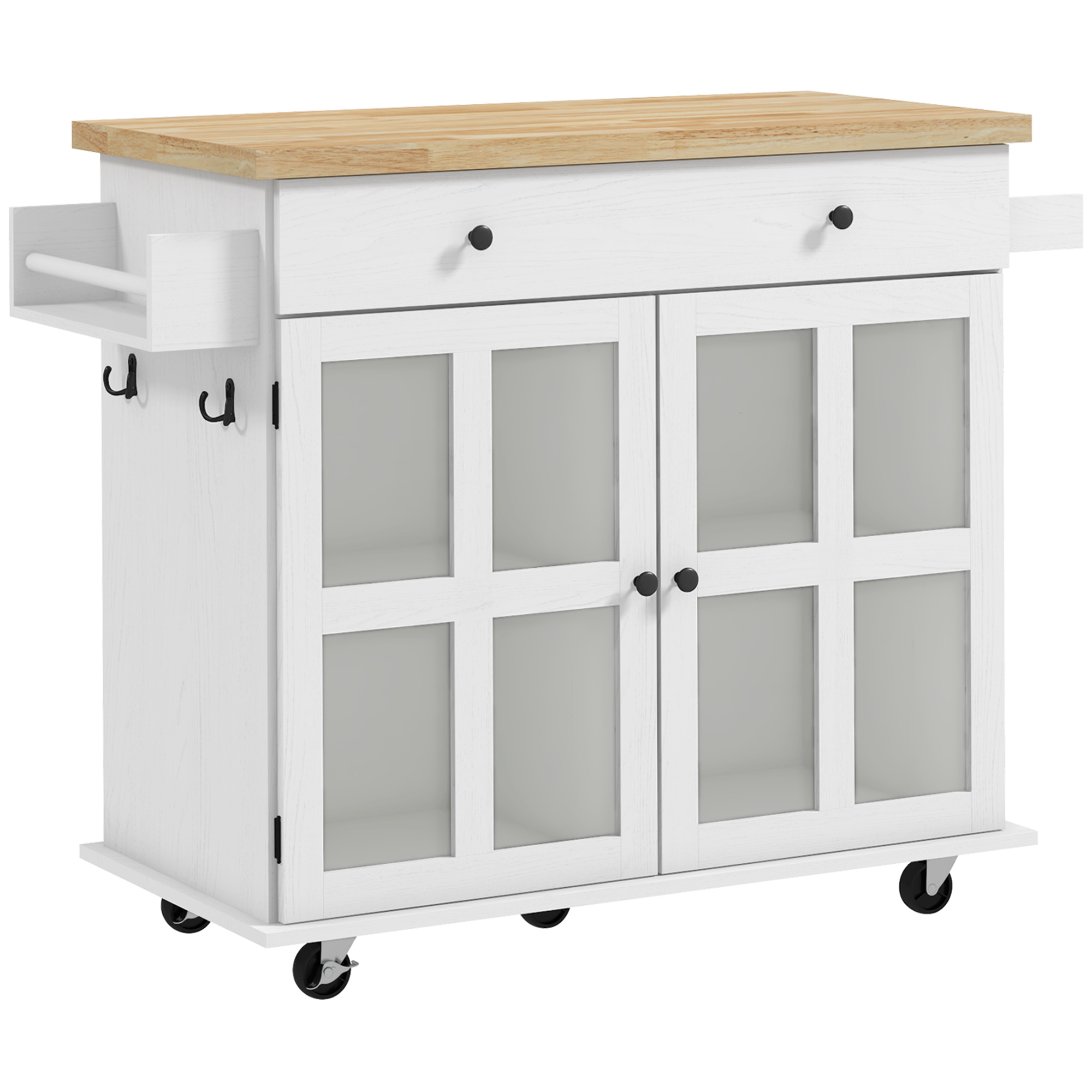 HOMCOM Kücheninselwagen mit Mehrfachlagerung, Schublade, Schranktüren Regal, 115,5L x 46,2B x 86,5H cm, weißes Kautschukholz
