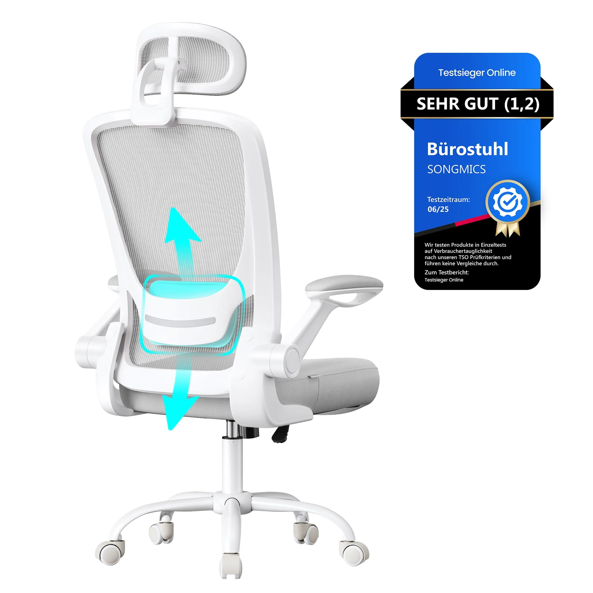 SONGMICS Ergonomischer Bürostuhl mit klappbaren Armlehnen und höhenverstellbarem Sitz
