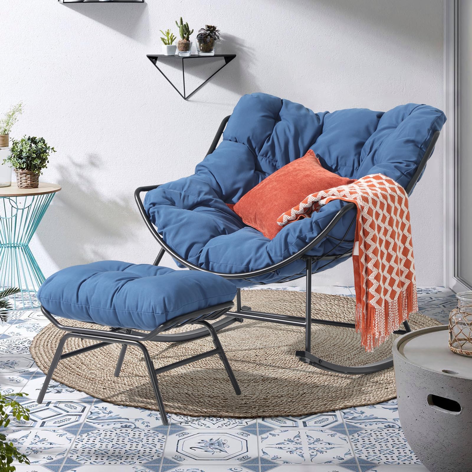 Casual Outdoor Rocking Chair with Ottoman, Patio Rocker Egg Recliner Chairs
