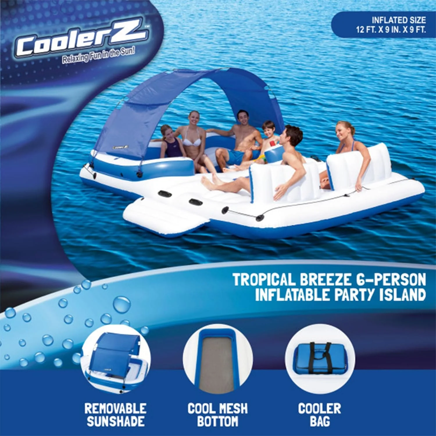 Tropical Breeze 6-persoons opblaasbaar feest-eiland, groot ontspannend waterspeelgoed met afneembaar zonnescherm en koeltas