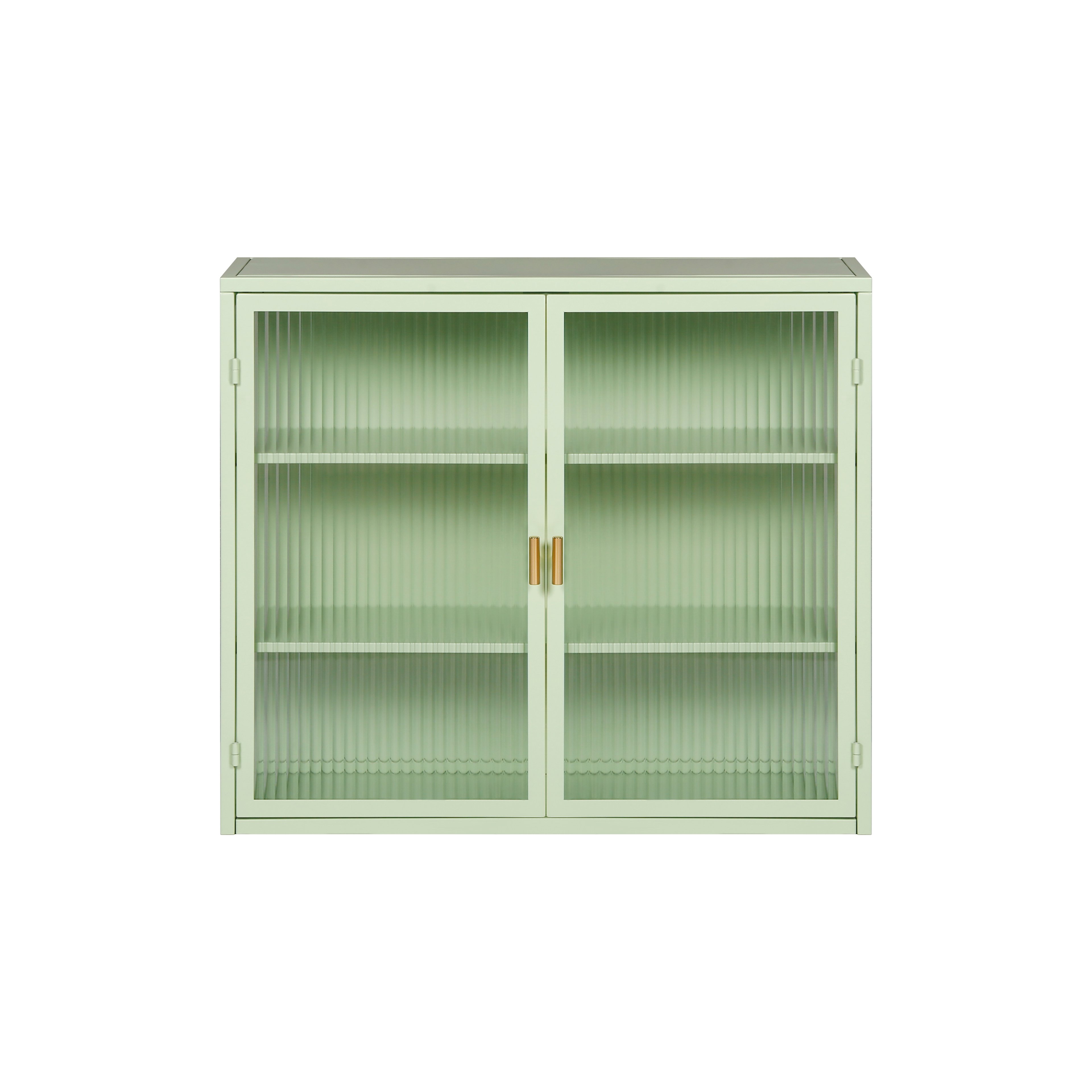 Moderne Wandschrank mit zwei Türen, Glasfront und dreistufigen Regalen für Flur, Wohnzimmer, Bad und Esszimmer, Grün